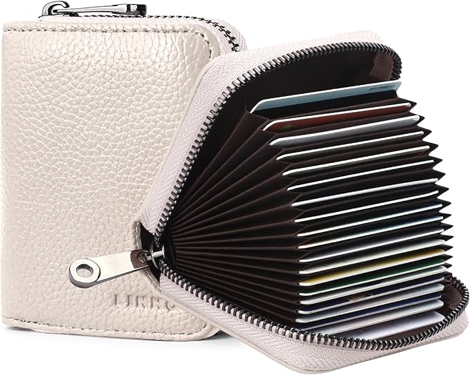 Linno RFID 20 Slots Credit Card Holder Genuine Leather Small Wallet for Women or Men with Zipper