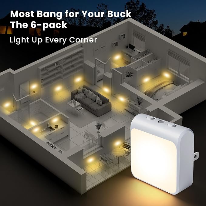 6-Pack Dimmable LED Night Lights Plug into Wall with Dusk to Dawn Sensor, 2 Color in 1 Plug in Night Light 30-60lm Brightness Adjustable, Auto-On/Off Nightlight for Bedroom, Kitchen, Bathroom, Hallway