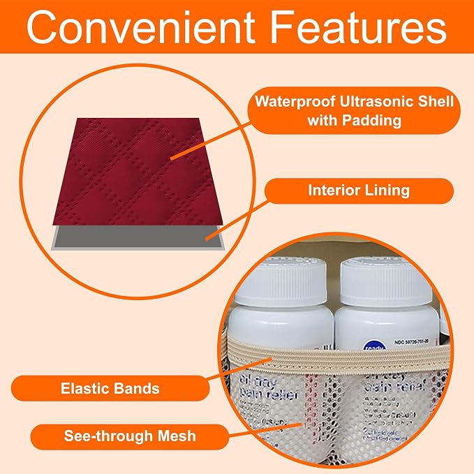 Medium Pill Bottle Organizer, Medicine Bag, Case, Carrier for Medications, Vitamins, and Medical Supplies - Travel Medicine Organizer Home Storage Med Bag - Ultrasonic Red Wine (No Lock)