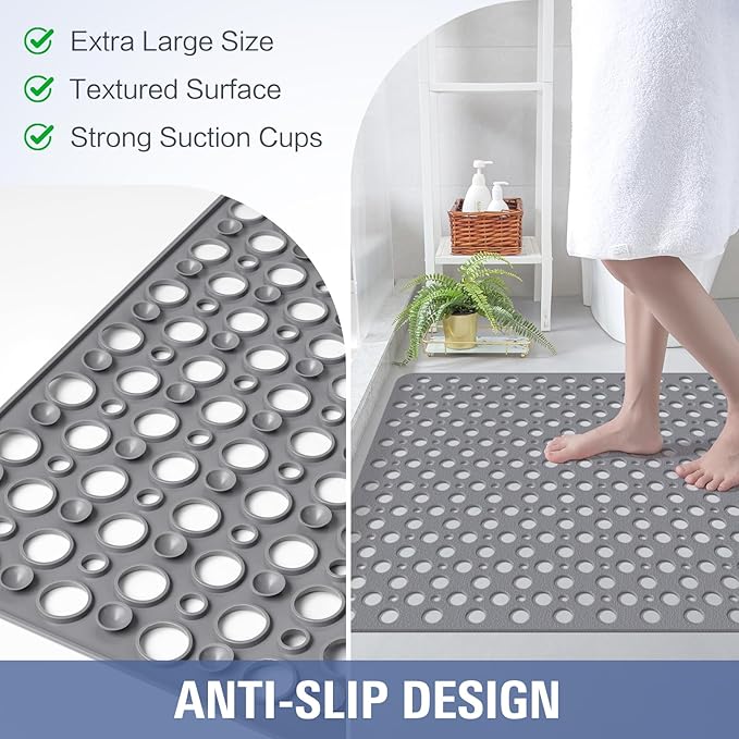 OTHWAY Large Shower Mat, 35"x 24" TPE Shower Mat Non Slip, Heavy Shower Floor Mat with Drain Holes and Suction Cups, No Odor Shower Mats for Inside Shower for Elderly Kids Bathroom(D-Grey)