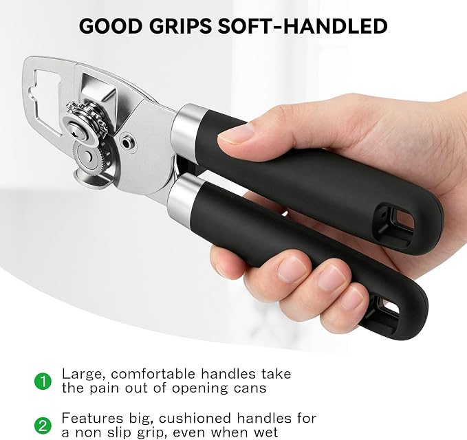 NileHome Smooth Edge Manual Can Opener, Sharp Steel Wheel Senior Friendly | Easy Turn Knob, Soft Grip Cushioned Handles, Heavy Duty, Commercial & Household Use, Manual Design