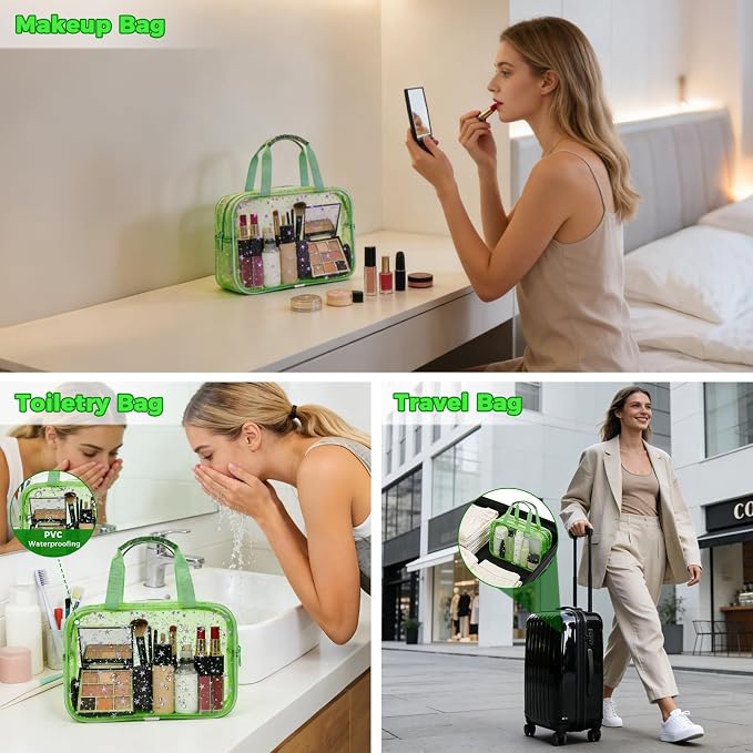 Large Clear Makeup Bag 12x5x8 Green Star Pattern - Waterproof PVC Travel Cosmetic Organizer with Handle, Durable Transparent Toiletry Case for Women Girls Travel Gym Beach Storage