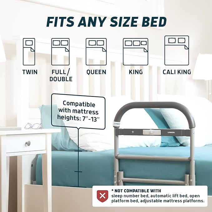 Lunderg Large Bed Assist Rail for Seniors with Motion Light & Non-Slip Bar | Easy to Install Bed Rails for Elderly Adults Safety & Post-Surgery - Helps Reduce Falls & Support Independence