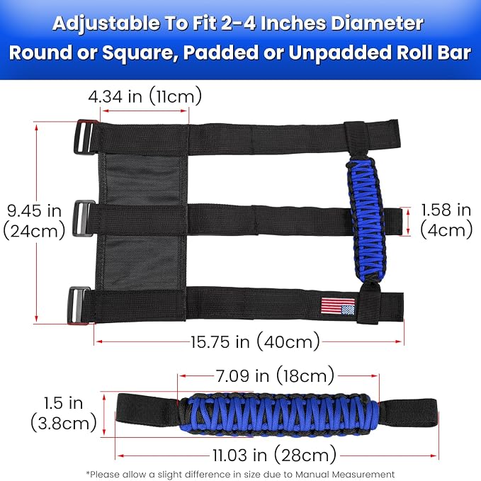 4 x Roll Bar Grab Handles Grip Handle for Jeep Wrangler JK JKU JL JLU TJ YJ Sport Sahara Freedom Rubicon Unlimited Gladiator JT 1955-2023 UTV ATV Premium Paracord Interior Accessories US Flag (Blue)