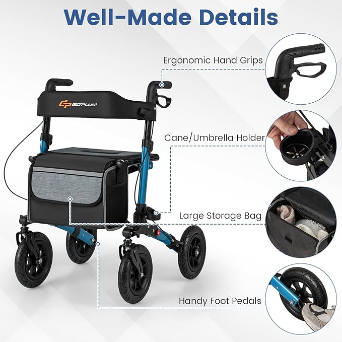 Goplus Walkers for Seniors with Seat, 2 in 1 Folding Rolling Rollator Walker with 9" Pneumatic Tires for All Terrain, Height Adjustment, Ergonomic Backrest, Aluminum Adult Mobility Walking Aid