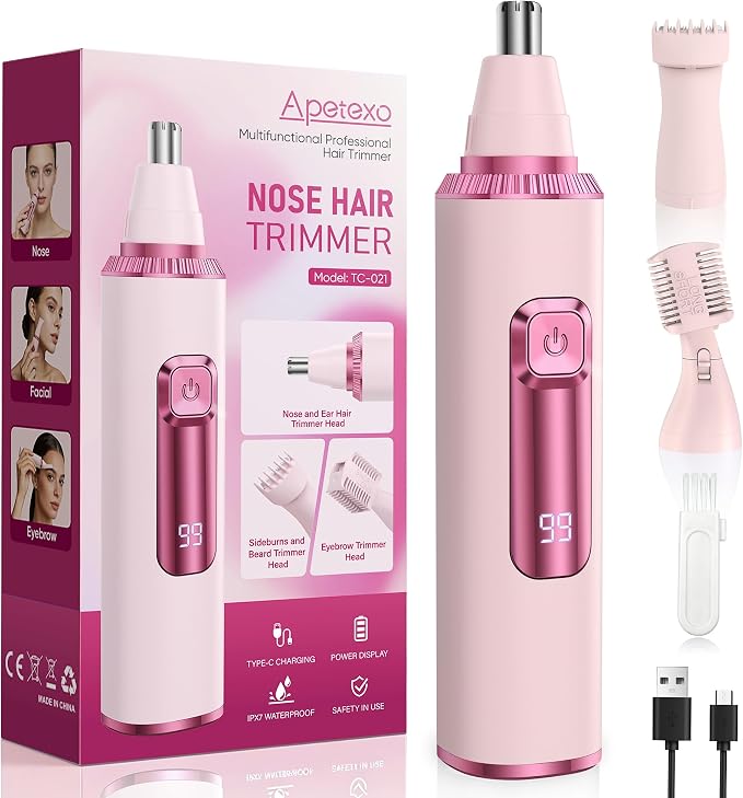 Nose Hair Trimmer for Women, 3-in-1 Painless & Gentle Trimmer for Nose, Eyebrows & Facial Hair, Type-C Rechargeable Precision Groomer with Double-Edged Blades, IPX7 Waterproof - Pink