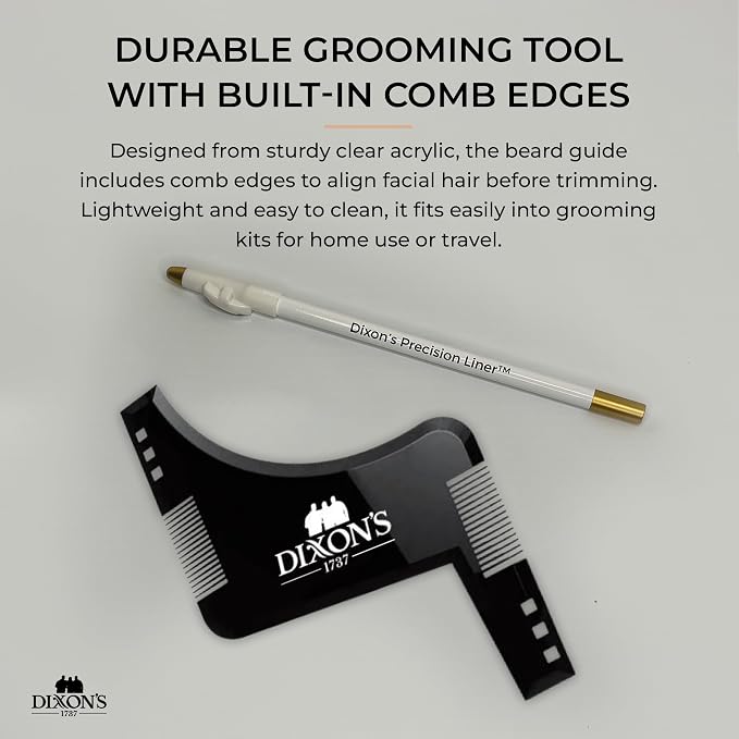 Dixon's 1737 Clear Line Pro Beard Shaper Tool for Men with Precision Liner Pencil, Black Beard Line Up Guide Template with Comb Edges Neckline and Cheek Line Trimming