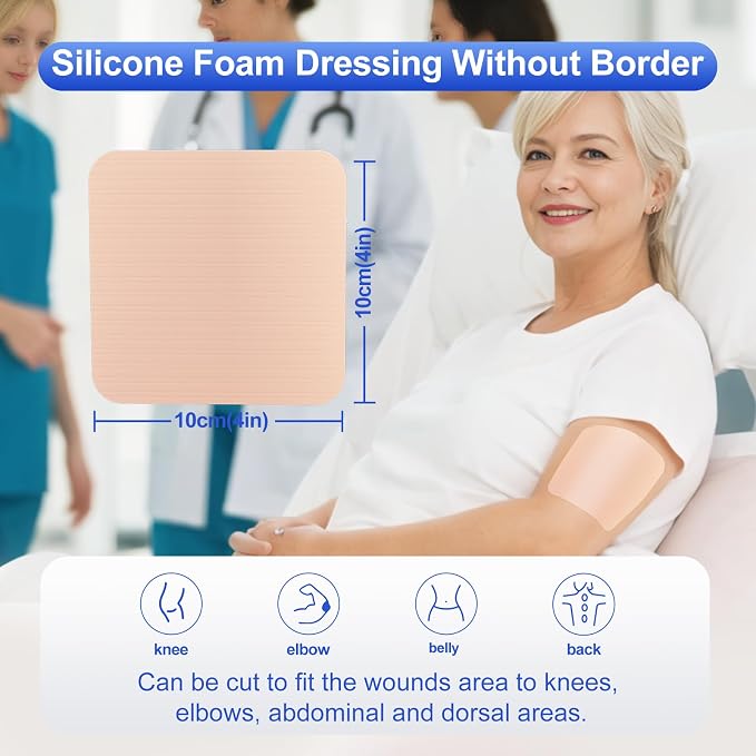 Niceful Silver Silicone Adhesive Foam Dressing Without Border, 4"×4" Ag Sterile Highly Absorbent Wound Dressing, 5 Count