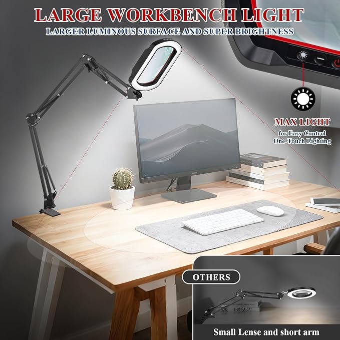 12X Square Magnifying Glass with Light and Clamp, Solder Helping Hand | Workbench Lighted Magnifier, 3-Section Swing Arm, 5 Colors Stepless Dimmable LED Desk Lamp with Stand for Hobby Repair Craft