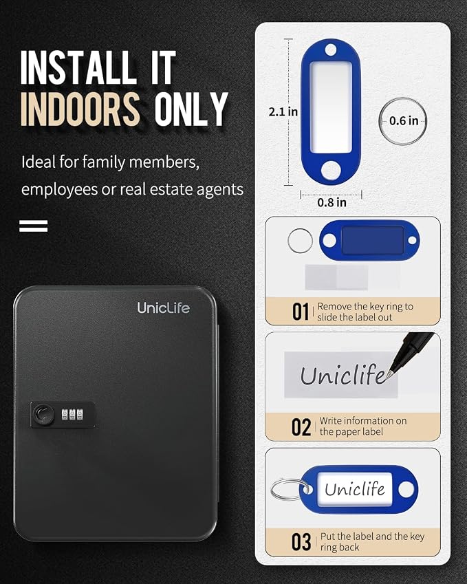 Uniclife 48 Position Key Cabinet with Combination Lock Resettable Black Digital Security Storage Box Steel Key Organizer with Colorful Key Tag Labels Stickers and Hooks