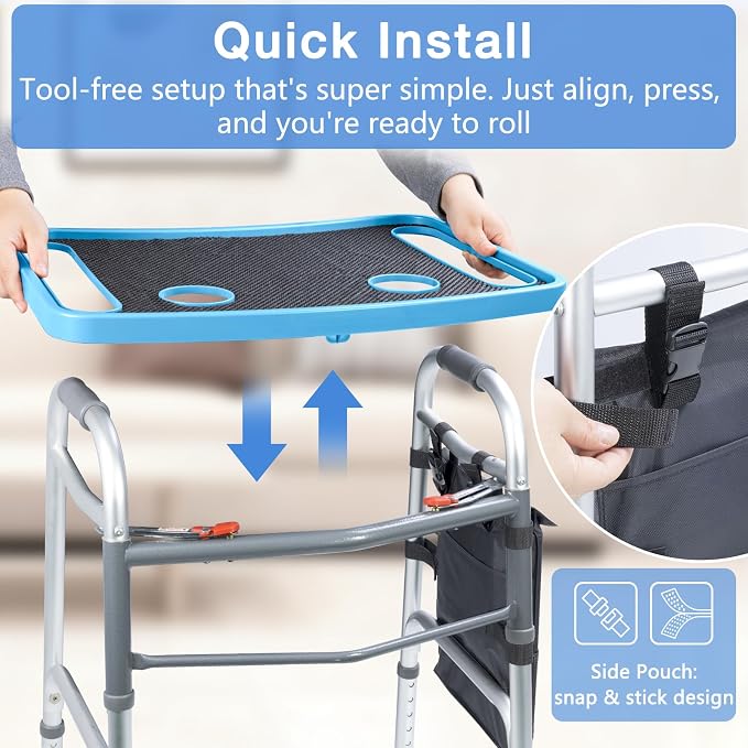 Walker Tray for Seniors with Dual Cup Holders & Side Pouch (Blue) | Durable Food & Drink Table, Lightweight with Non-Slip Pad, Compatible with Walker of 10210-1 Model