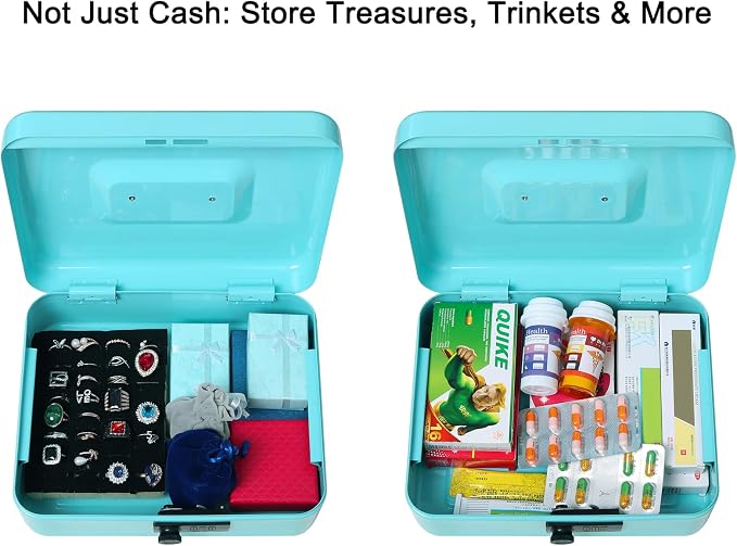 Jssmst Large Cash Box with Combination Lock - Durable Metal Cash Box with Money Tray, light blue (9.84 x 7.87 x 3.46)