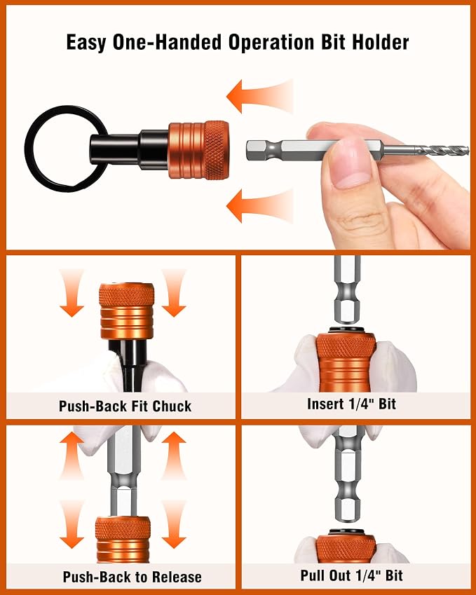 Bit Holder Keychain 12 Pcs, 1/4-Inch Hex Shank, Quick Release, Multi | Aluminum Alloy, Impact Drivers, Drill Bits, Tool Belt Use, Carabiner Clip, One-Handed Operation, Ball Lock, Compact Organizer