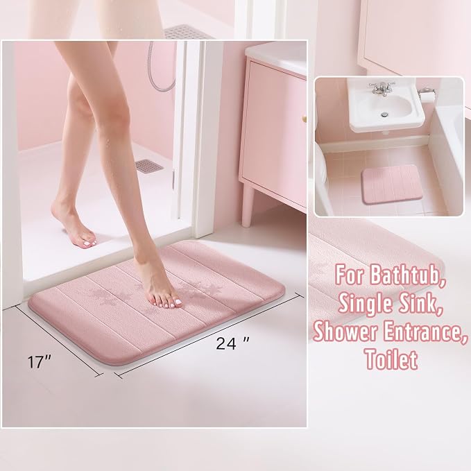 Yimobra Pink Bath Mat, Super Soft Absorbent Memory Foam Bathroom Rug Non Slip, Quick Dry, Machine Washable Floor Carpet for Tub Shower, Home Decor Accessories, 24x17