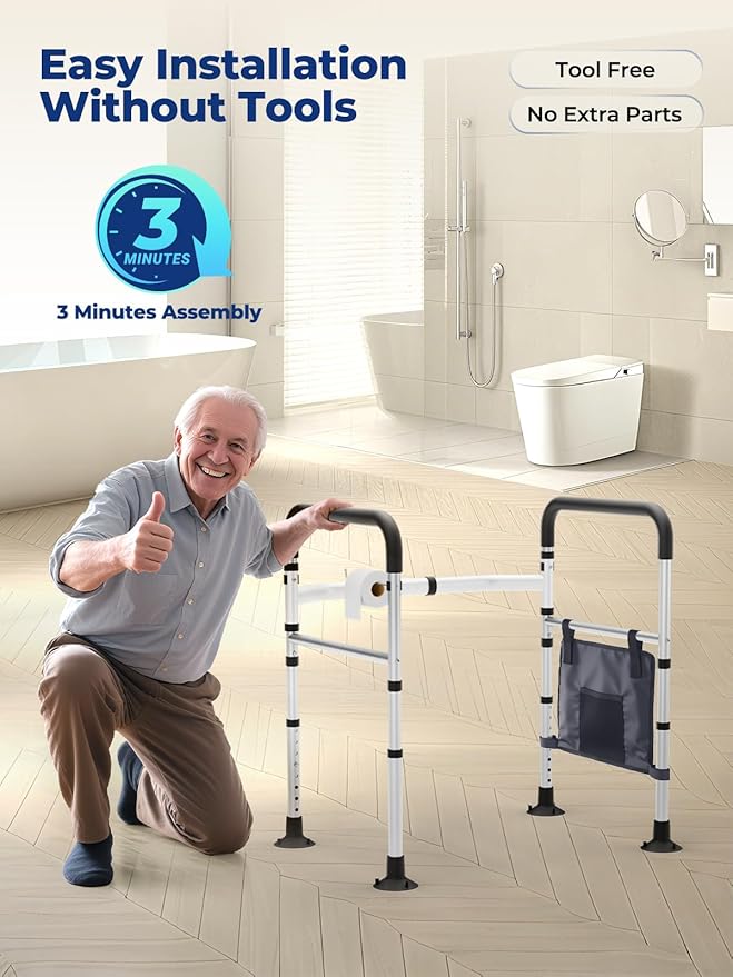 Toilet Safety Rails, Height & Width Adjustable Detachable Toilet Safety Frame for Seniors, Elderly & Disabled, Foldable Handicap Toilet Rails with Handles Storage Bag, Tissue Holder (350LB)