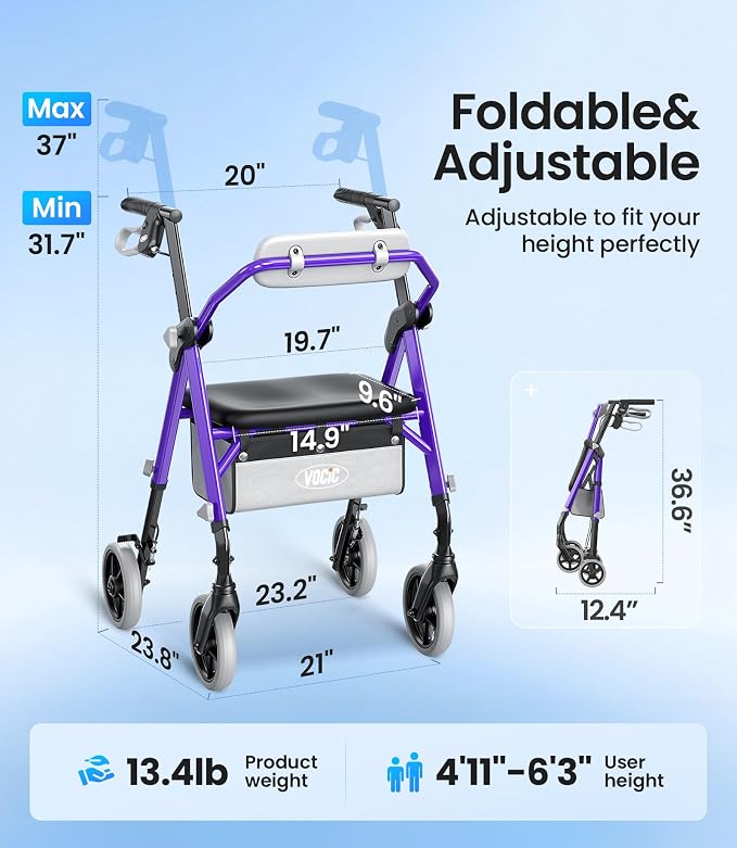 VOCIC Z12 Walker for Seniors with Seat, 13.4 LBS Ultra Light, 350 LBS | Ergo Seat & Backrest for Comfort, Height Adjustable & Easily Foldable for Seniors, All Terrain Wheels, Silver