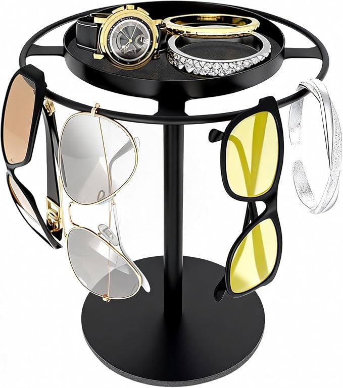 LSK Metal Sunglasses Organizer, Glasses Holder Stand with Storage Tray, Eyeglasses Holder with Anti-Slip Pads for Tabletop, Desk, Dresser, Matte Black