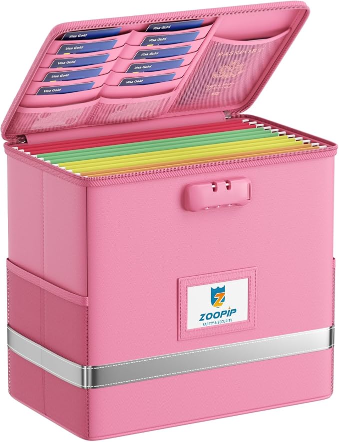 Fireproof File Box with Lock, Collapsible Document Organizer, Pink | Suitable for Hanging Folders in Letter Size, Reflective Strip for Fast Find, Home Office Safe Protection,12.2"x6"x10.2"