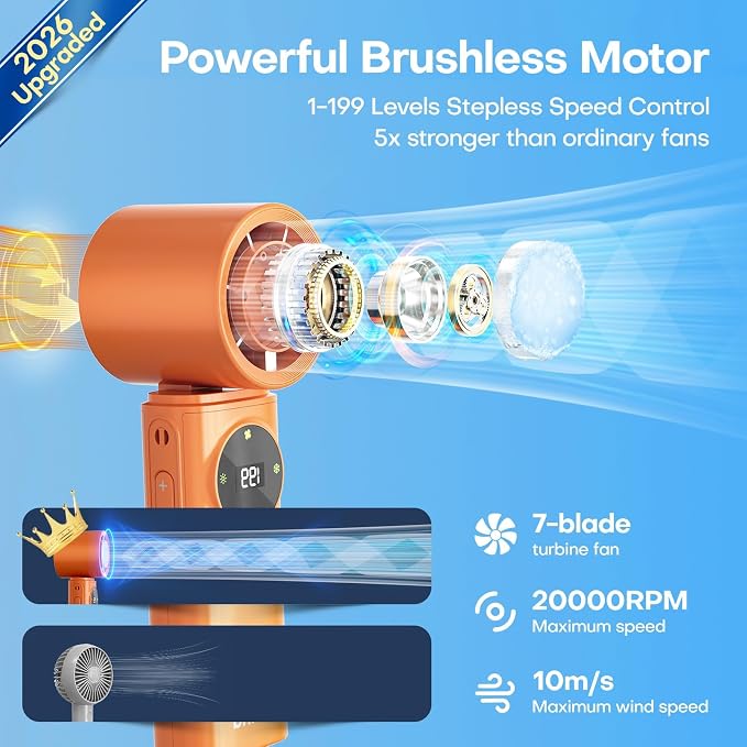 6000mAh Portable Handheld Fan with Ice Cooling, 199 Levels Stepless Speed, 20H Long Battery Life, 20000RPM Turbo Fan Rechargeable Personal Mini Fan for Travel, Outdoor, Makeup (Orange)