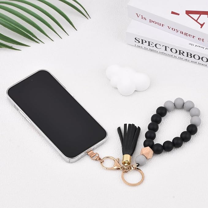 BAOSIWA Silicone Key Ring Bracelet Wristlet Keychain Unique Beaded Bangle Key Chains for Women with Leather Tassel