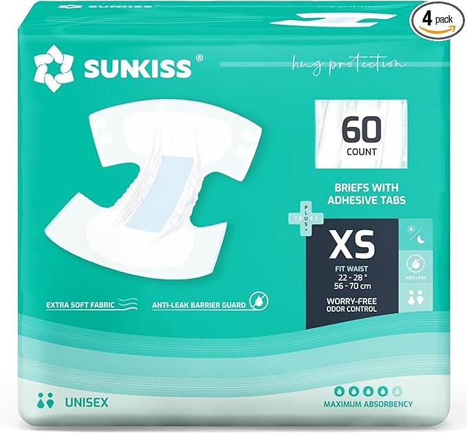 SUNKISS TrustPlus Adult Diapers with Maximum Absorbency, Unisex Disposable Incontinence Briefs with Tabs for Men and Women, Odor Control, XSmall, 60 Count (4 Packs of 15)