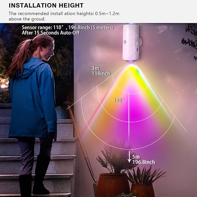 Rechargeable Motion Sensor Light, Magnetic Battery Operated Wall Sconces | 7 Color RGB Motion Sensor Night Light Indoor, 1500mAh Wireless Wall Light for Bedroom, Bathroom, Hallway, Stairs Black 1 Pack