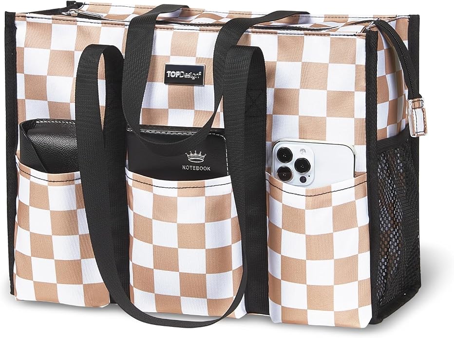 TOPDesign Utility Water Resistant Tote Bag with 13 Pockets, Top Zipper Closure & Thick Bottom Support, for Working Women
