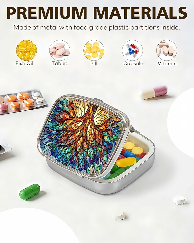 LRITER Pill Case, 2 Compartment Portable Small Travel Pill Organizer for Purse and Pocket, Stylish Medicine Case with Multiple Patterns, Daily Pillbox for Home & Travel (Glass Tree)