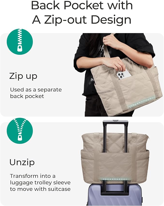 BAGSMART Crush Tote Bag for Women, 20L Puffer Work Tote with Zipper | Quilted Nurse Hospital Bag For Travel College Gym