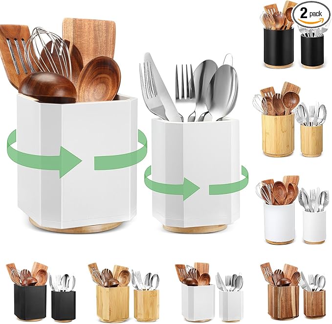 2 Pack Wooden Utensil Holder, 360°Rotating Kitchen Cooking Utensil Crock, Spoon Spatula Holder for Kitchen Counter, Farmhouse Countertop Organizer(White,Square)