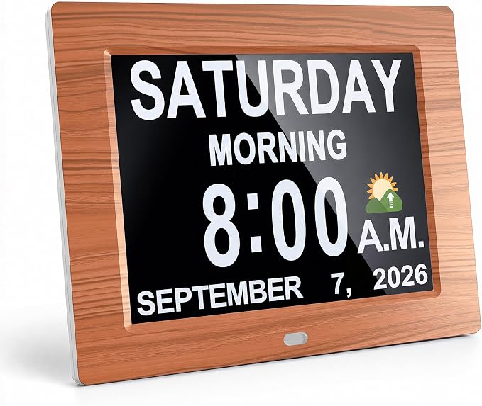 JALL 8" Large Digital Calendar Day Clock for Seniors 2026 - Easy to Read Alzheimer's Dementia Memory Loss Clock for Elderly with IPS Wide Angle，Day & Date, 12 Custom Alarms & Auto-Dimming, Wood