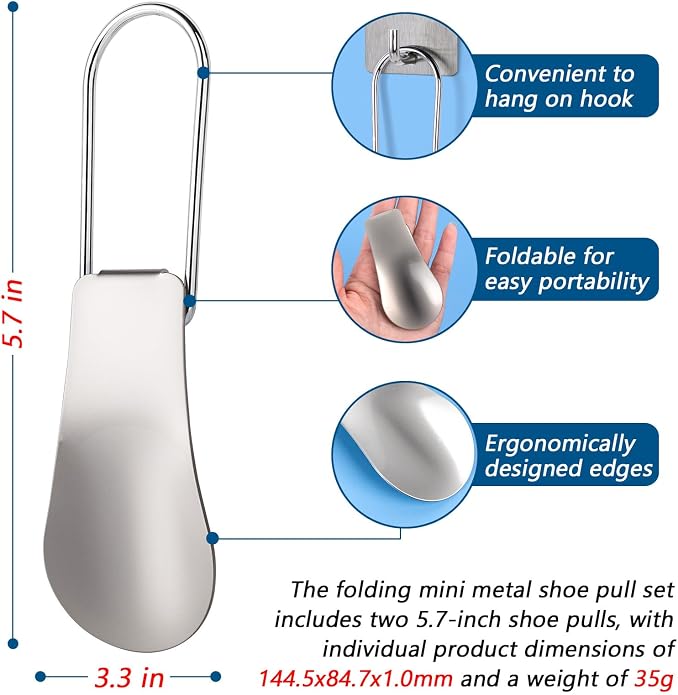 EYIWEITING Folding Mini Metal Shoe Pulls 5.7 Inch - Travel Friendly for Men, Women and Children - Pack of 2