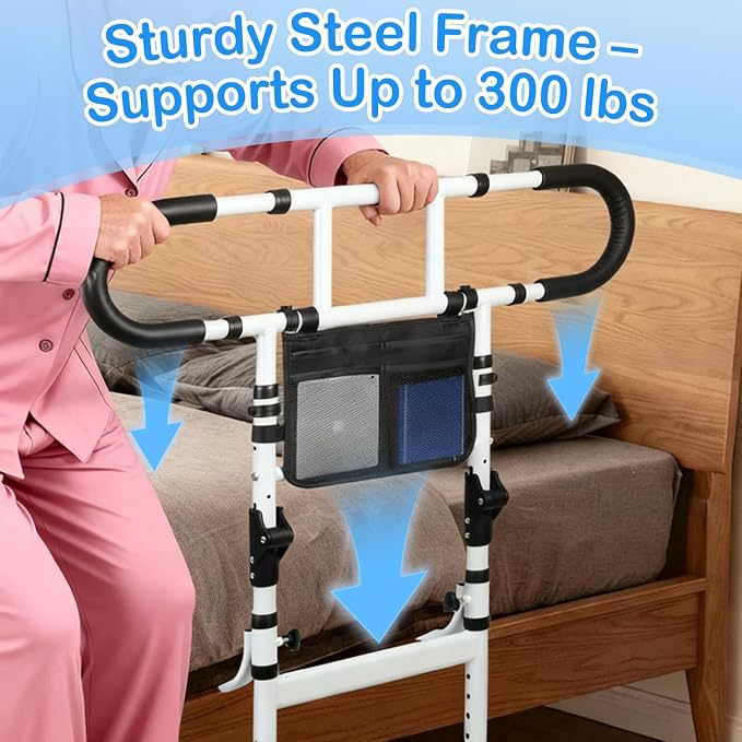 Bed Rails for Elderly Adults Safety, Bed Cane for Seniors, 300 Lbs | Adjustable Height Grab Bar Handrails with 2 Ergonomic Handles & Storage Pocket, 180° Foldable Bed Rails for Seniors