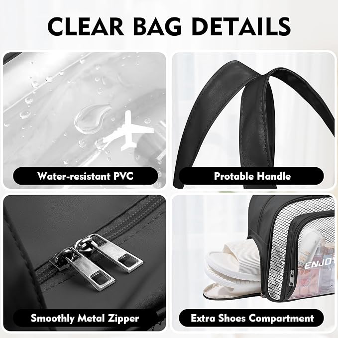 BuyCard Chenille Letter Patch Clear Travel Bags, Preppy PVC&Nylon Makeup Bag with Handle and Zipper, Waterproof Large Clear Travel Toiletry Bag Storage Bag for Women Girls