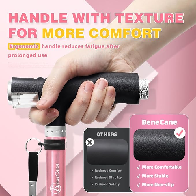 BeneCane Walking Cane for Women Folding Cane for Men with Two Led Lights Quad Cane with Stable Base Lightweight and Adjustable Walking Stick