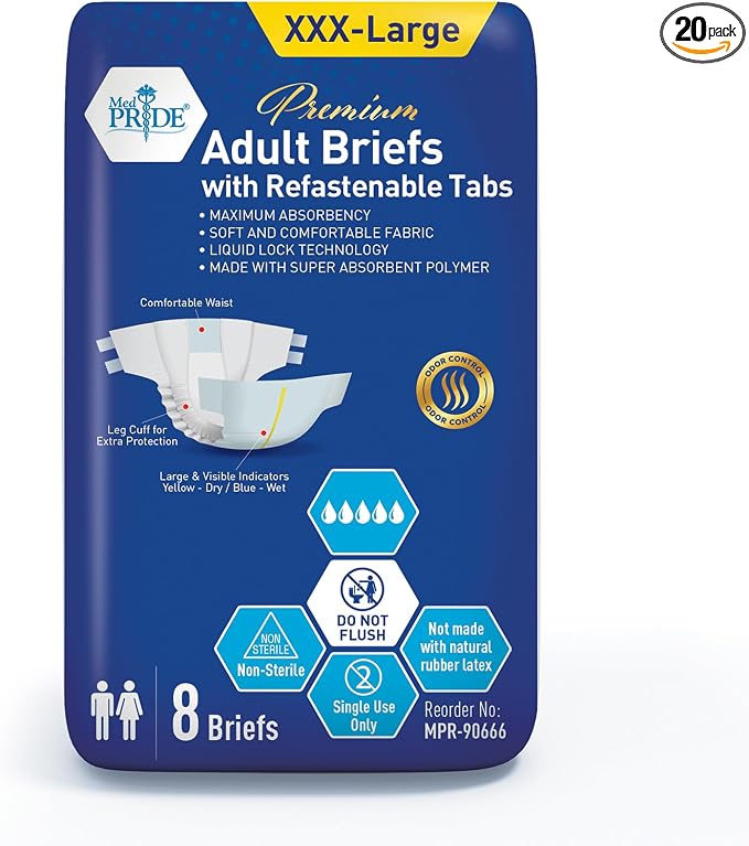 MED PRIDE Maximum Absorbency Adult Briefs for Incontinence with Refastenable Tabs - Ultra-Absorbent Adult Diapers for Men & Women- Bladder Control Unisex Disposable Underwear (XXX-Large - Bag of 8)