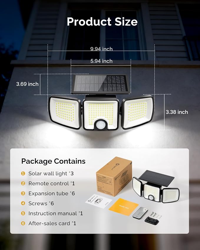 Brightown 3 Pack Solar Flood Outdoor Lights with Motion Sensor 3 Modes | 2500LM 223 LED Solar Outdoor Lights, 3 Head 270° Wide Angle Street Area IP65 Waterproof Security Wall Lights with Remote