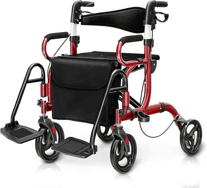 Goplus 2 in 1 Rollator Walker for Seniors, Medical Walker with Seat, Folding Transport Wheelchair Rollator with 8" Wheels, Reversible Backrest, Footrests, Aluminum Mobility Walking Aid