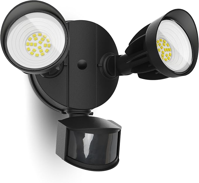 UME LED Security Light Motion Sensor Outdoor Lights, 27W 3500LM, 5000K, IP65 Waterproof, Dusk to Dawn, 2 Head Motion Detector Flood Light for Outside, Garage, Yard (Black)