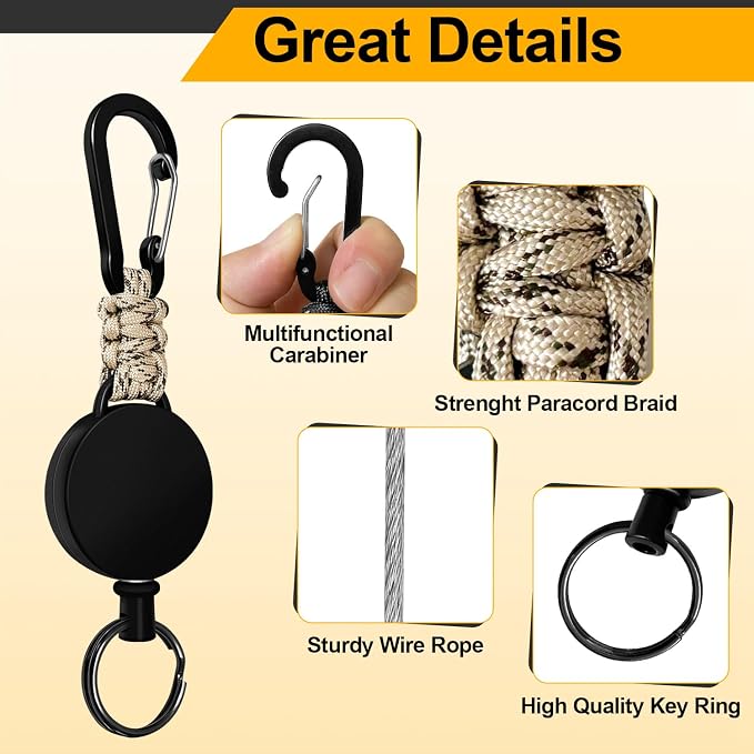 Retractable Keychain 4 Pieces Heavy Duty Carabiner Badge Holder Retractable Badge Reel ID Holder Extendable Key Ring Key Holder with 23.6” Steel Cord and Paracord(Black + Beige + Blue + Orange)