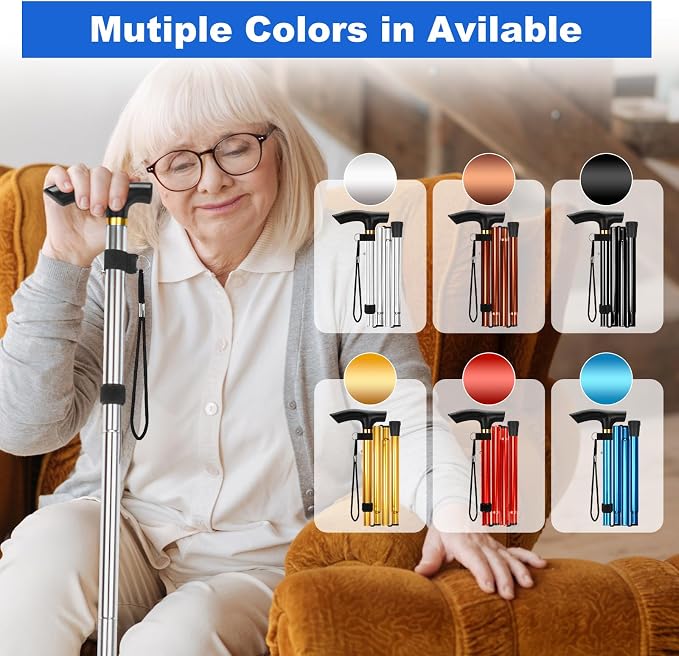 MFE Folding Cane, Portable 5-Level Adjustable Height Walking Stick with Foldable Design, Wrist Strap, and T Handle for Men and Women