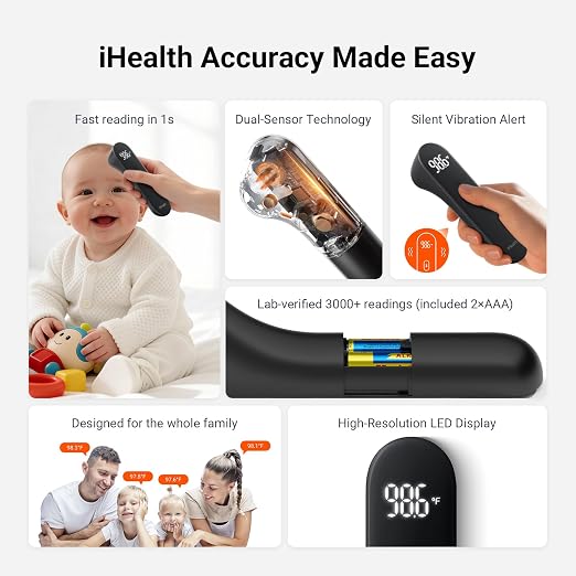 iHealth No-Touch Forehead Thermometer for Adults, Babies, Kids PT3 Black | 1s Fast Accurate, 3 Ultra-Sensitive Sensors, Quiet Vibration Feedback, Digital Large LED Digits, Use for Home & Nurses
