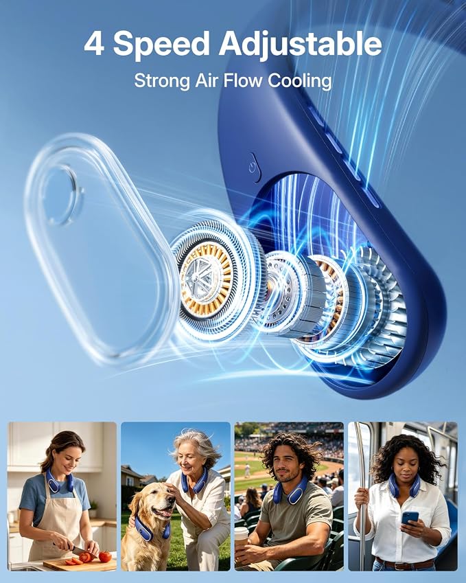 SHEWIND Portable Neck Fan - Hands Free Personal Fan, Rechargeable Bladeless Fan with 5000mAh-Battery, Digital Display, 4 Speeds, Birthday Gifts for Men, Women, Mom, and Dad - Blue