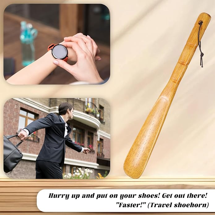 2 Pcs Shoe Horn Long Handle 13'' Wooden Shoe Helper Spoons Retro Wood Shoehorn with Lanyard Shoes Stick Helper for Seniors Men Women