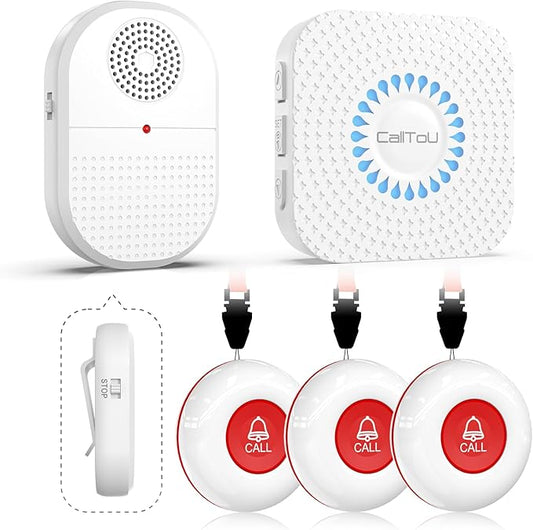 CallToU Wireless Caregiver Pager Call Button for Hard of Hearing Waterproof 500+ FT Nurse Alert System Elderly Monitoring Patient/Seniors 3 Panic Button 1 Plug-in 1 Vibration Receiver