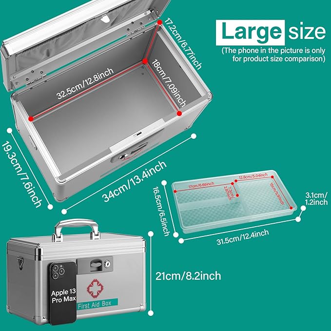 GODLONSEN Medicine Storage Box with Key for Safe Medication - 13.4 x 7.6 x 8.2 Inches - Empty Lockable First Aid Box Organizer Container for Drugs for Home, Dorm, Office, Outdoor (Silver/Large)