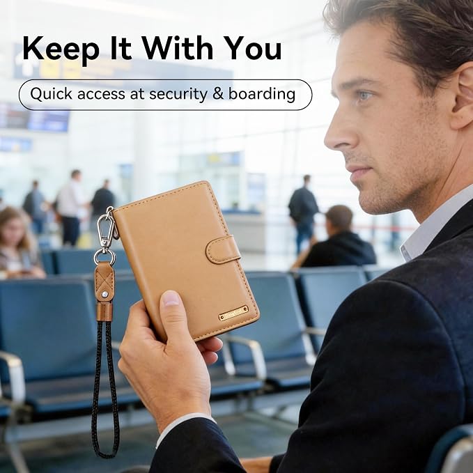Trackable Passport Holder for Travel, RFID Blocking Wallet, Brown | Rechargeable PU leather cover works with Apple Find My and is Apple MFi certified; it includes card storage and a lanyard.