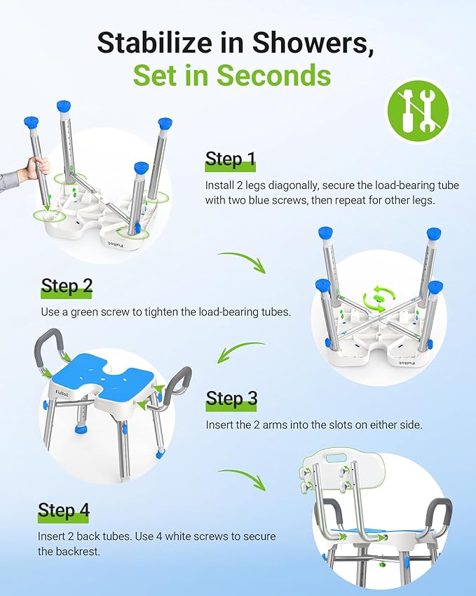 Ergonomic H-Shaped Shower Chair for Elderly and Disabled with Padded Back & Arms,500 lbs Heavy Duty Adjustable Shower Stool Seat for Easy Cleaning, Anti-Slip Bath Chairs for Bathtub