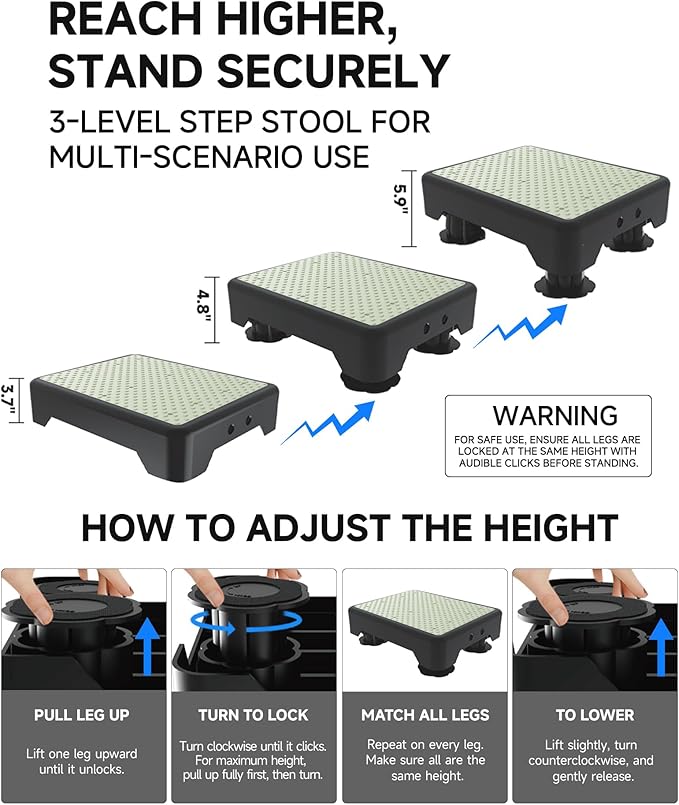 Adjustable Step Stool for Adults, Noctilucent Bed Step Stools, 600 LBS Capacity Safety Step Platform, Indoor and Outdoor Steps for Seniors, Non-Slip Stepping Stool Elderly Assistance at Night