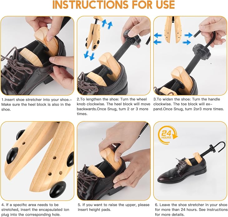 eachway Wooden Shoe Stretcher Men and Women for Wide Feet, Pair Premium of 4-way Shoe Tree Widener Stretch Length & Width